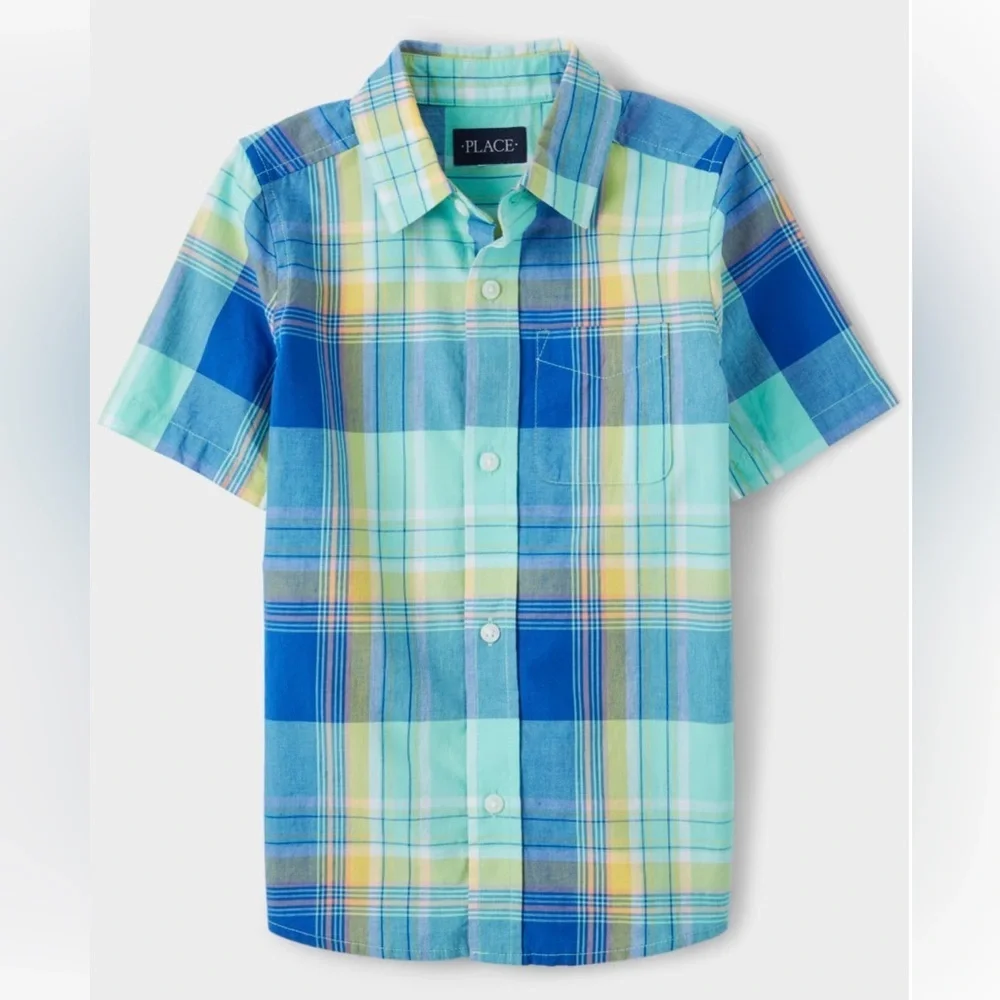 The Children's Place Boys Plaid Poplin Button Shirt-Aqua (1189)